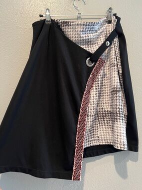 Desigual Black A-Line Wrap Skirt with Houndstooth Panel and Red Bead Trim